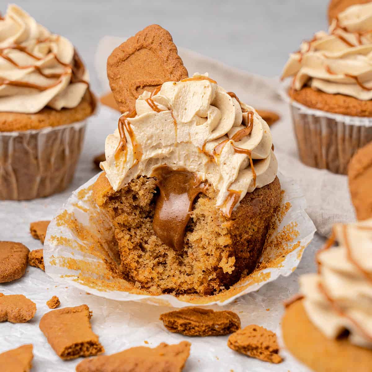 a half Biscoff Cupcakes with Biscoff buttercream.