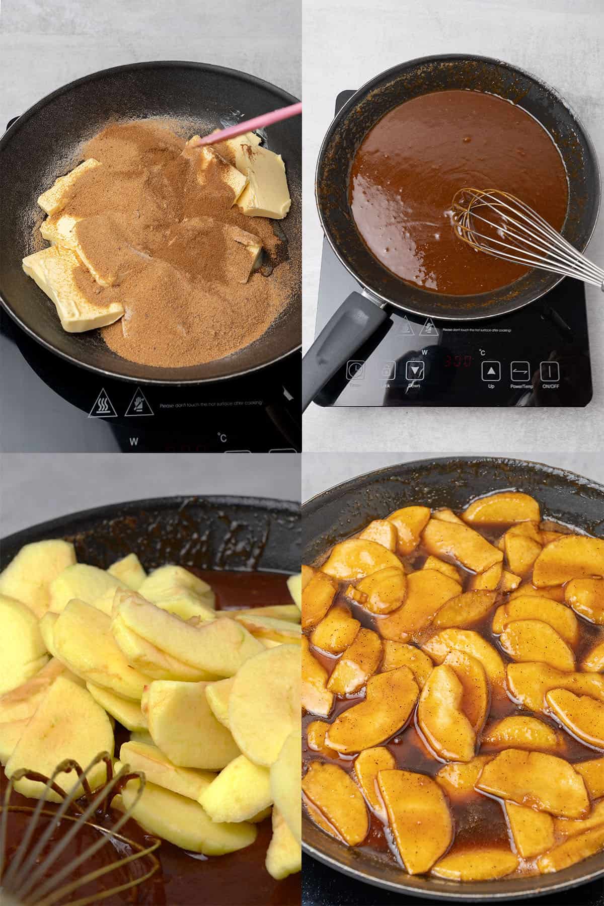 Caramelized apple topping process.