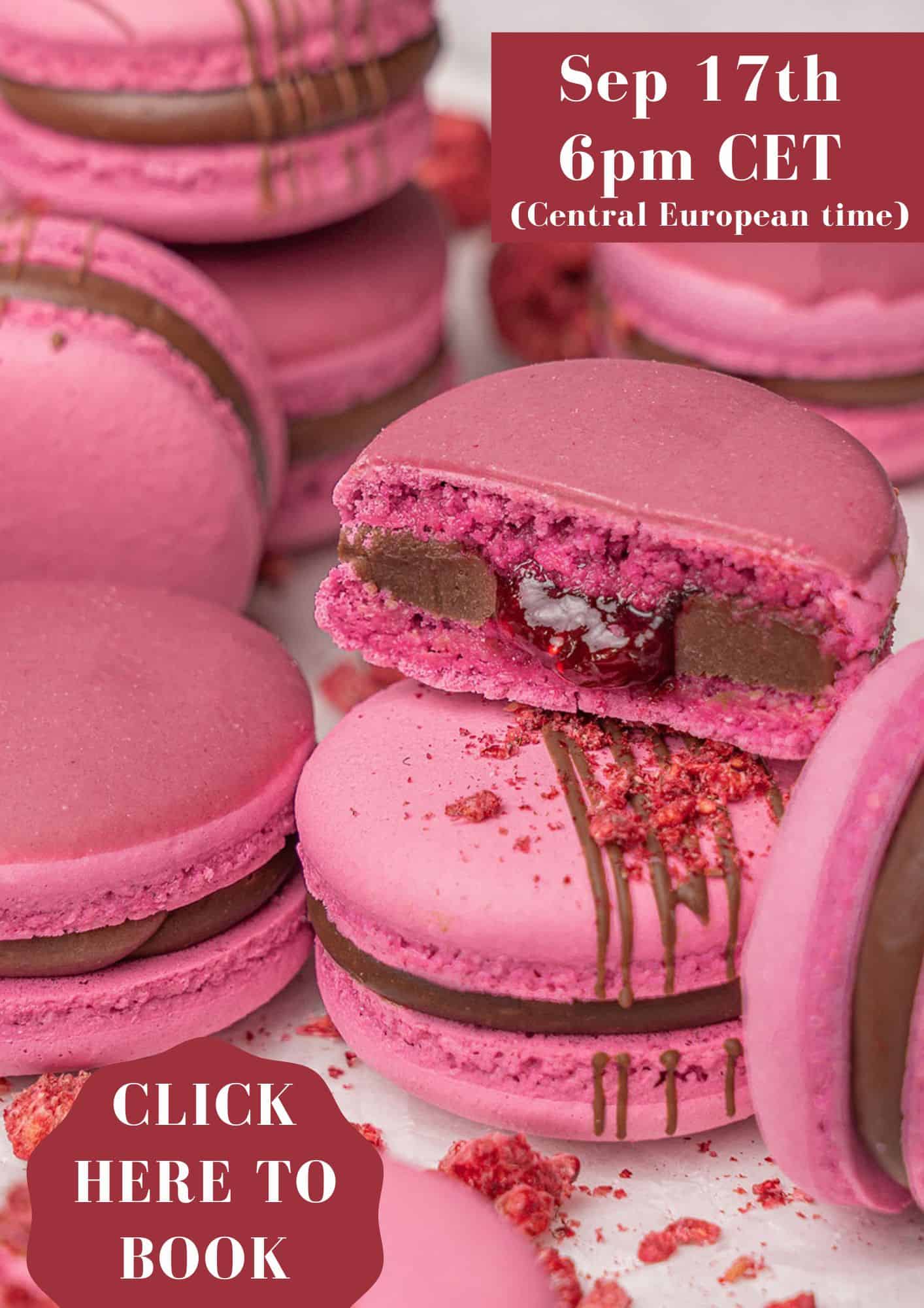 Chocolate Raspberry Macarons online class leaflet.
