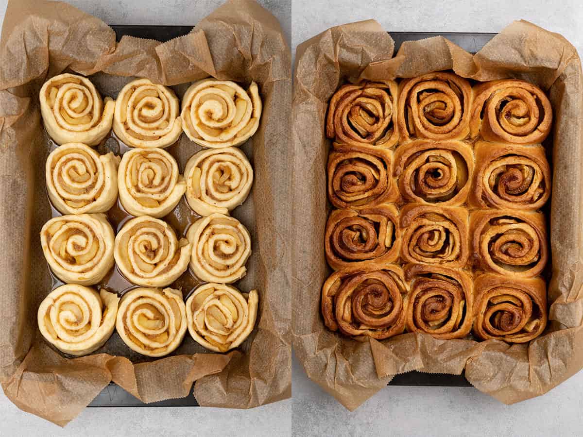 Cinnamon roll before and after baking.