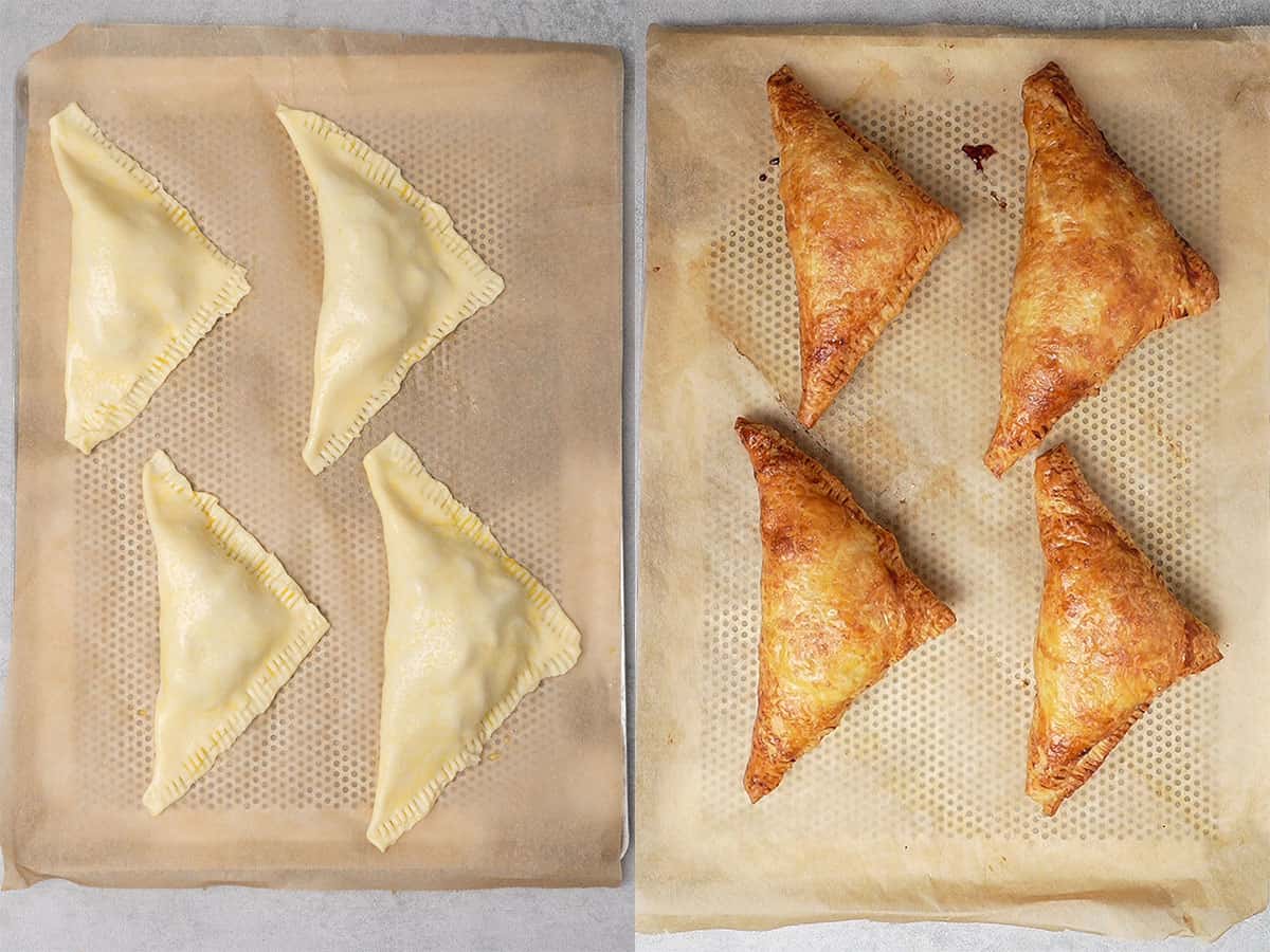 Apple turnover before and after baking.