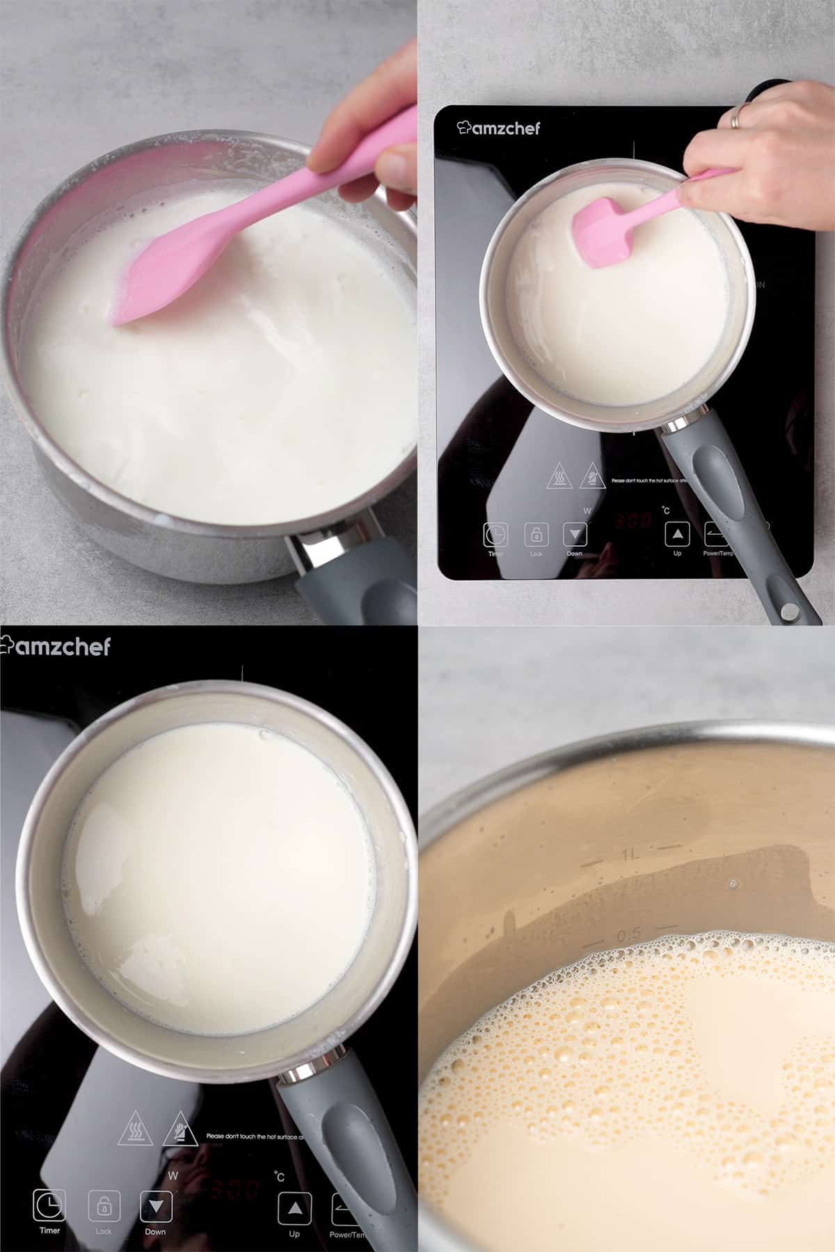 Making evaporated milk on a stove.