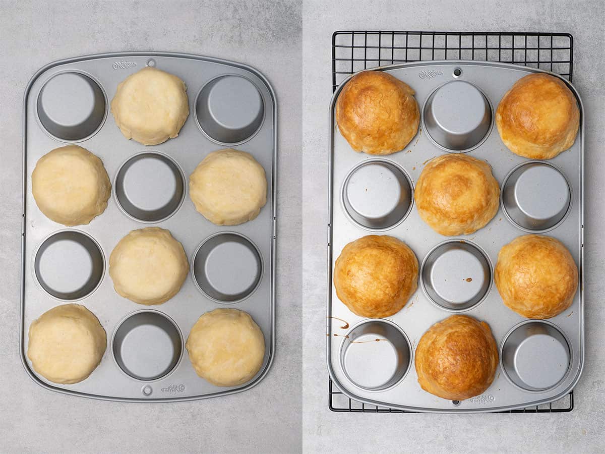 Mini pie crust before and after baking.