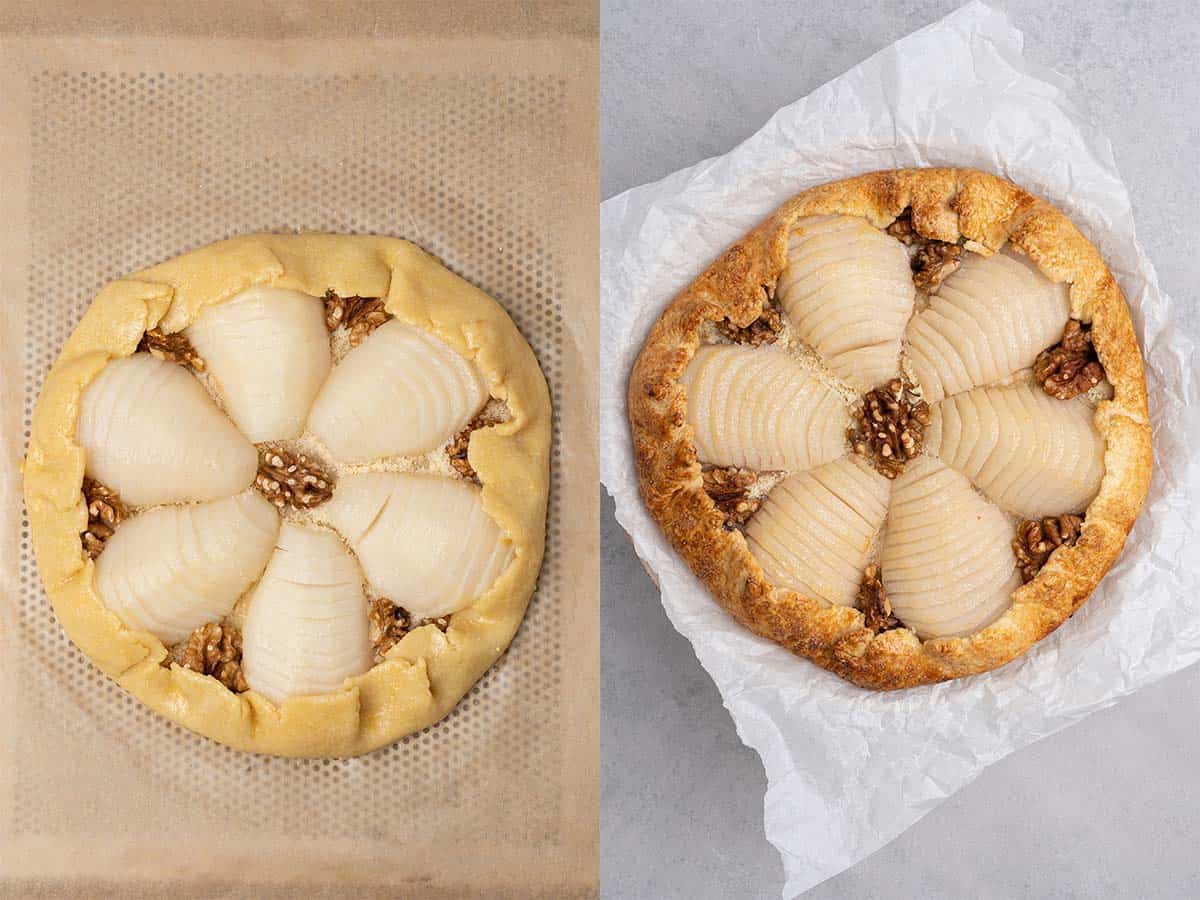 Pear galette before and after baking.