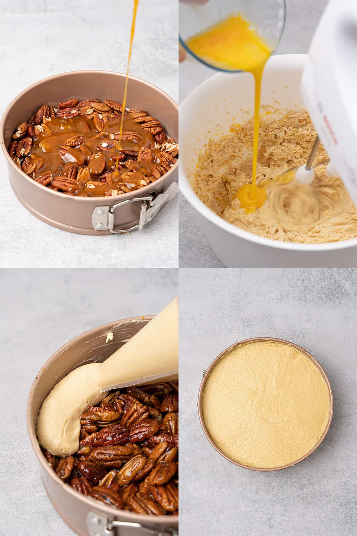 Step-by-step assembly of the pecan upside down cake.