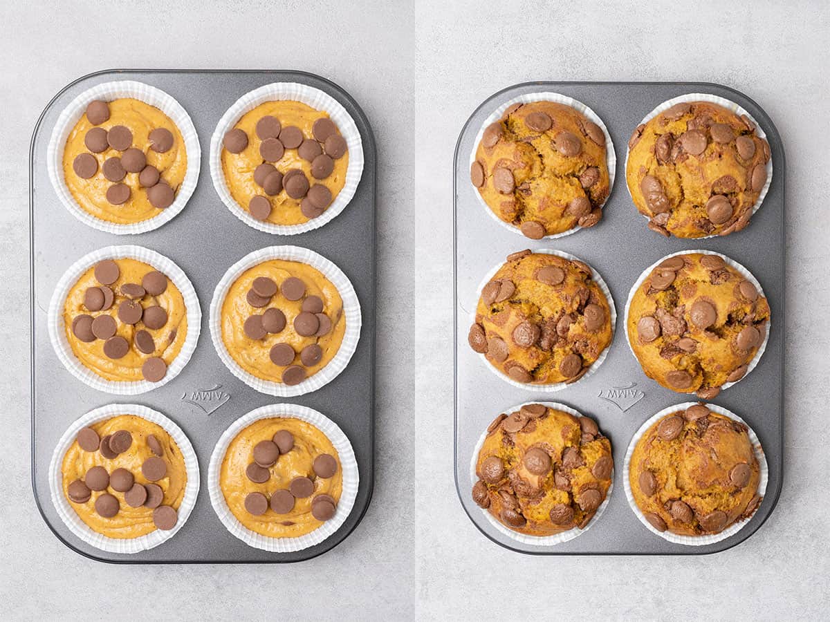 Pumpkin banana muffin before and after baking