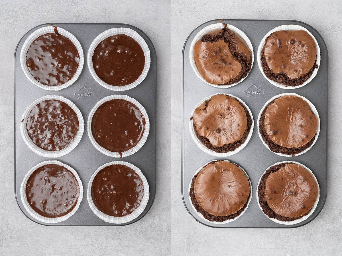 Brownie muffins before and after baking