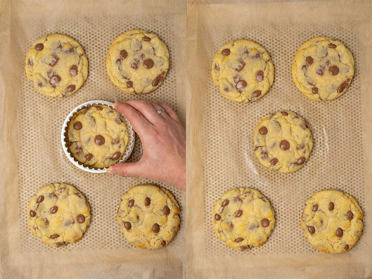 Chocolate chip cookies without brown sugar before and after baking.