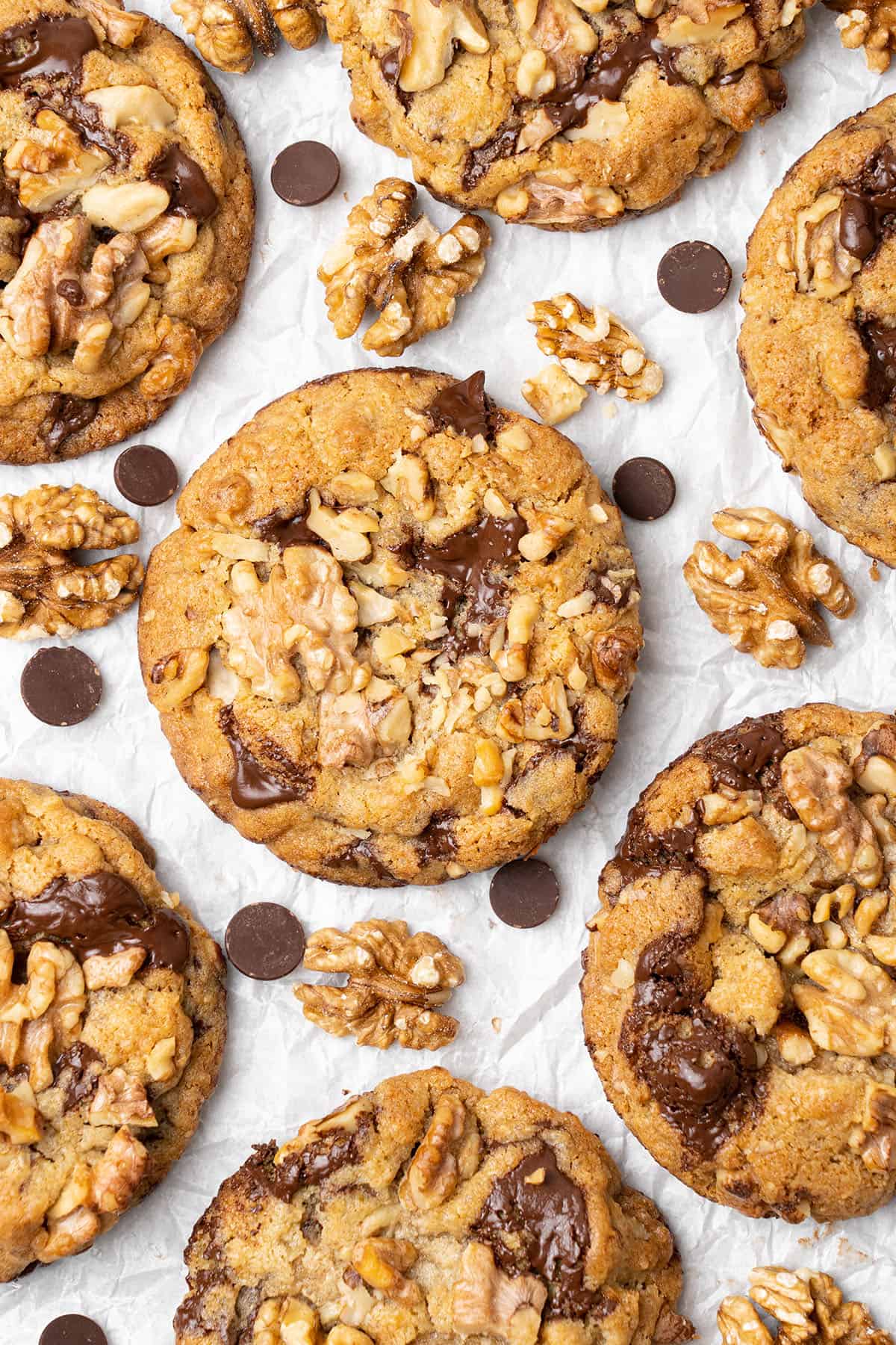 Chocolate chip walnut cookies on a baking sheet.