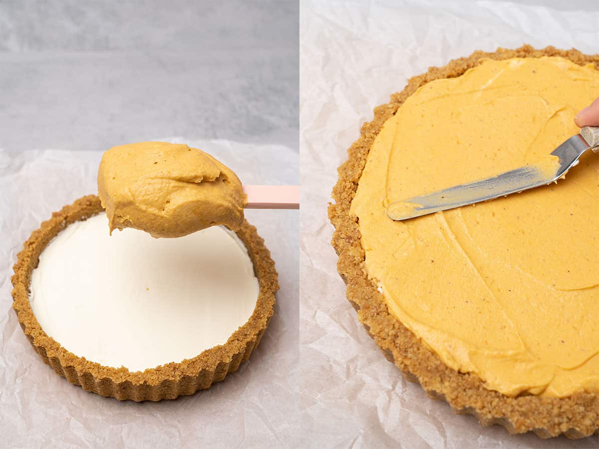 Double layer pumpkin pie assembly.