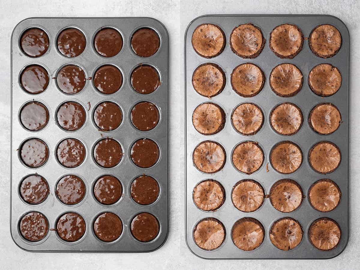 Mini brownie bites before and after baking.