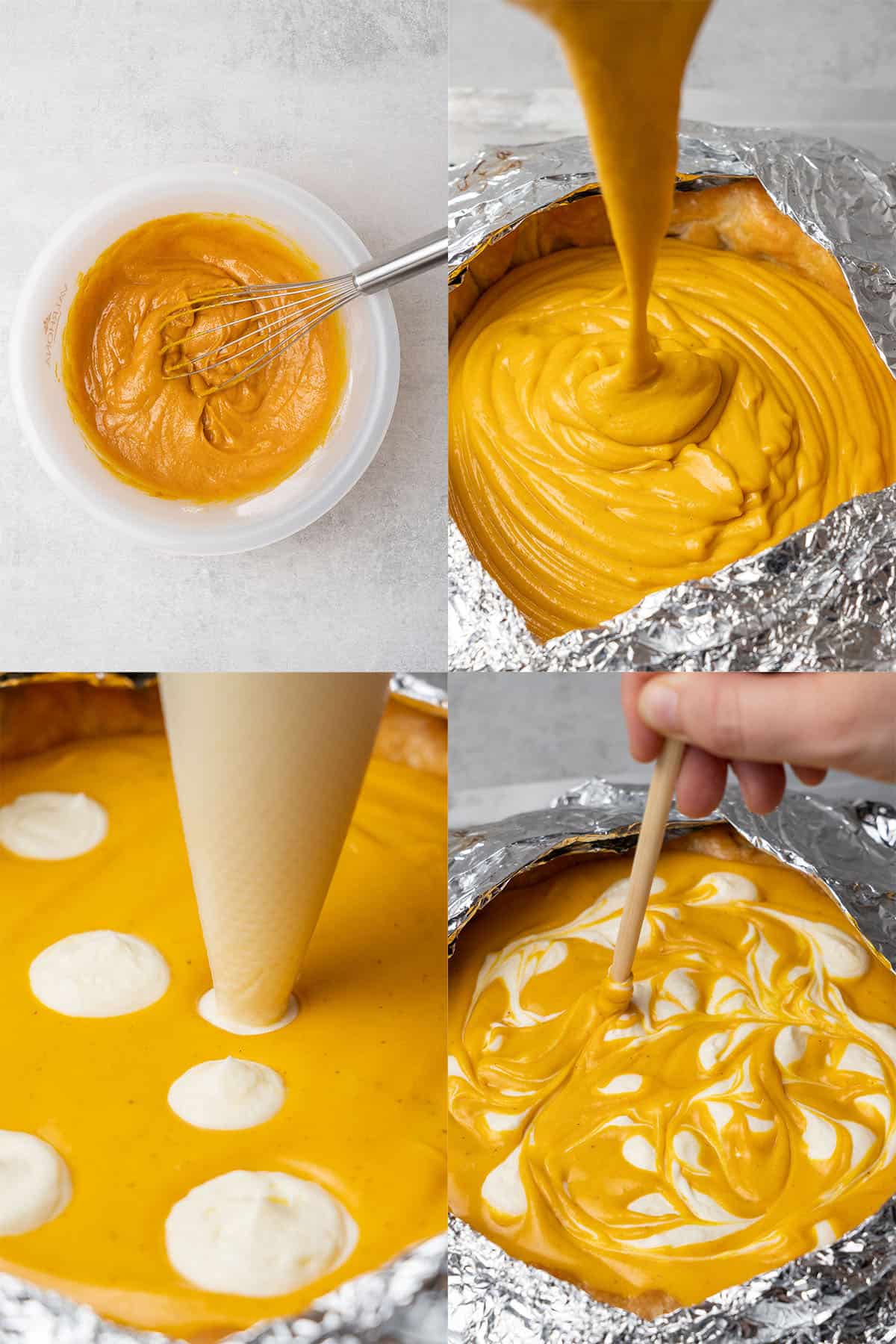 Pumpkin cream cheese pie assembly process.