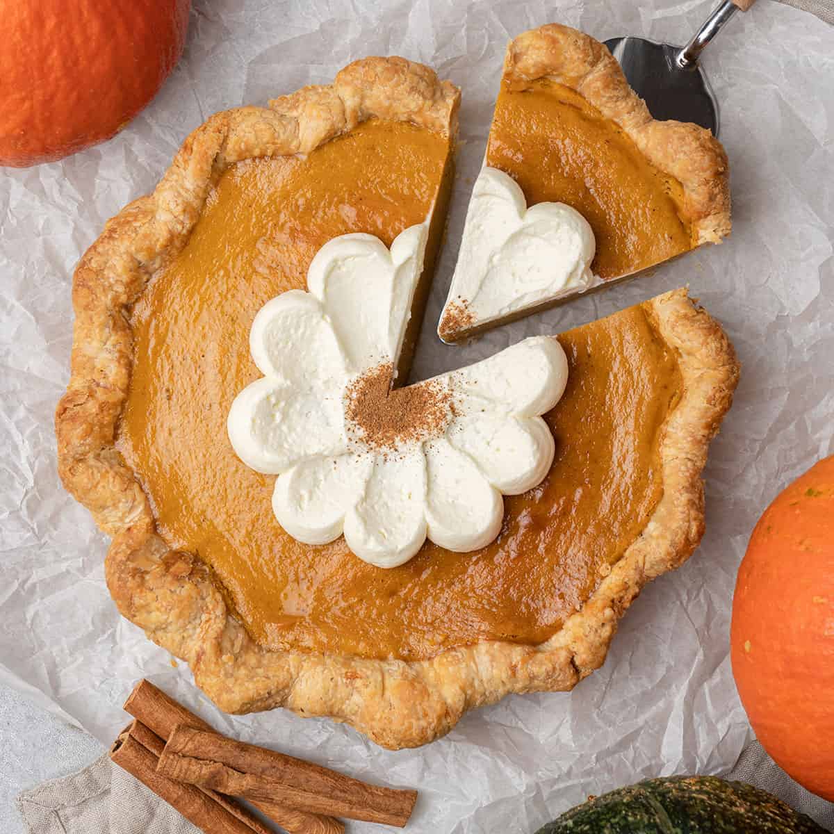 Pumpkin pie with condensed milk on a plate.