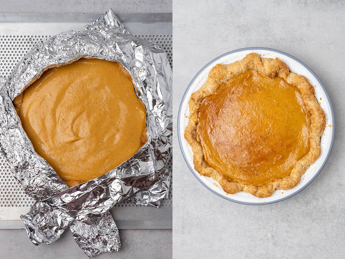 Pumpkin pie with condensed milk before and after baking.