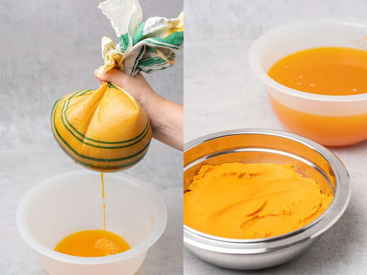 Pumpkin pure draining process.