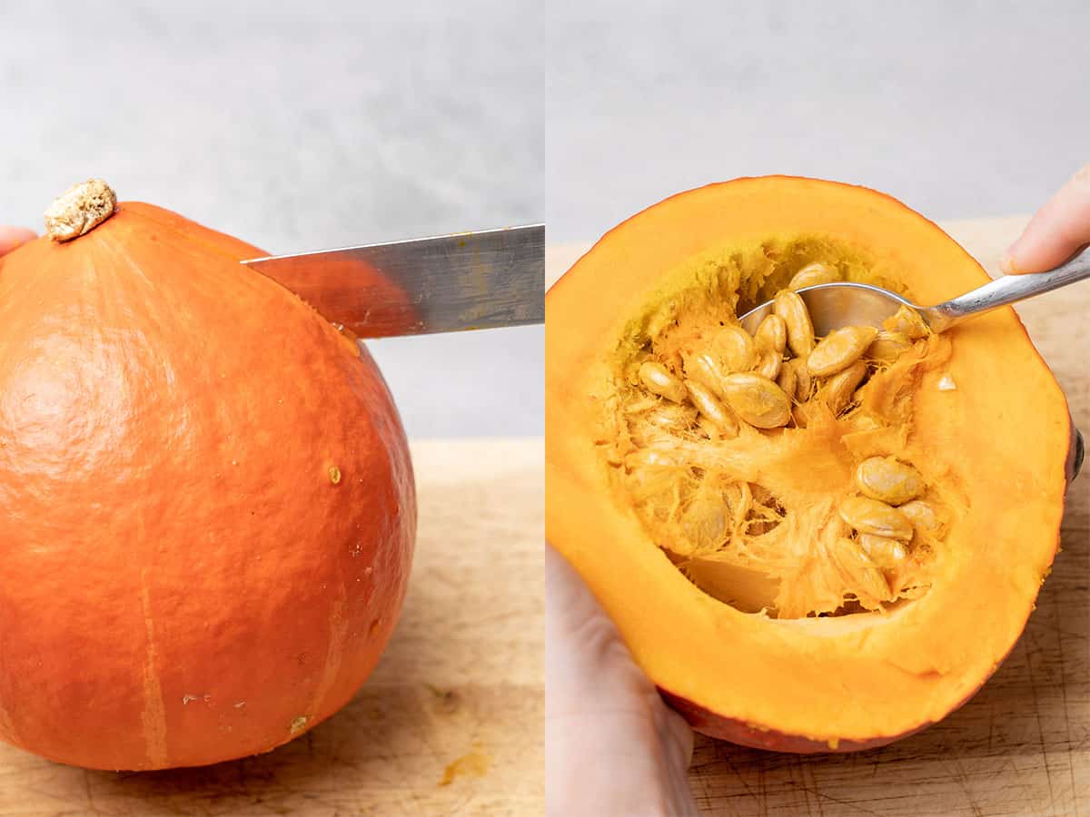 Cutting the pumpkin into half and removing the seeds.