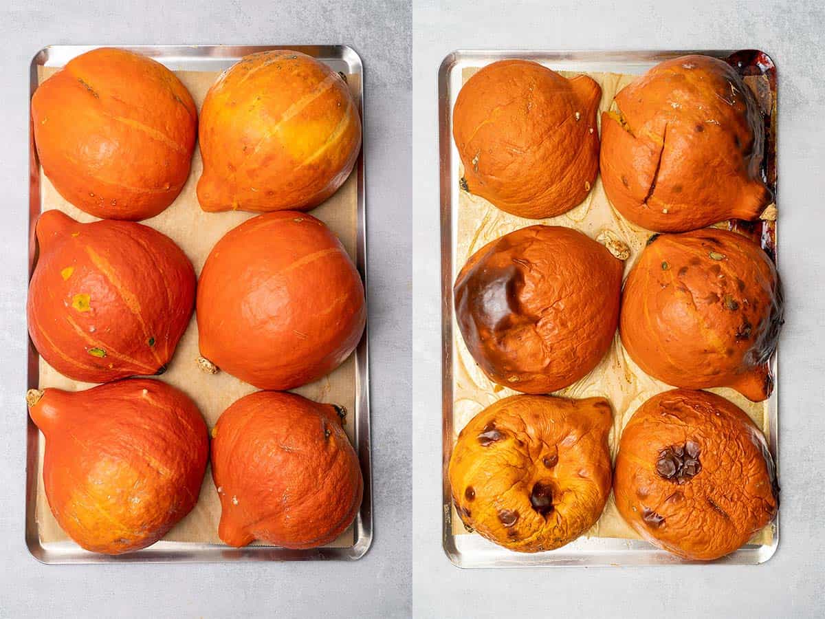 Pumpkins on a tray before and after baking.