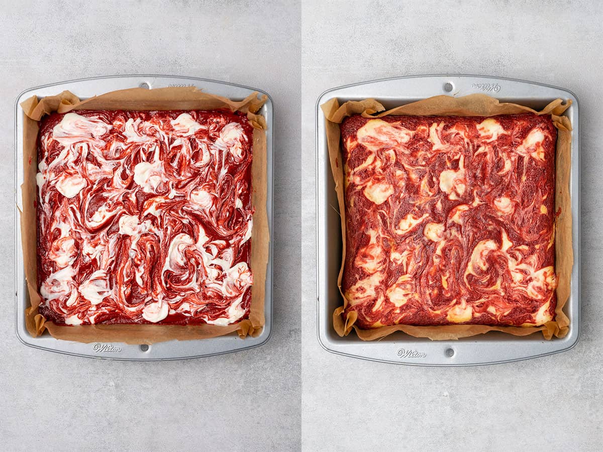 Red velvet brownies before and after baking.