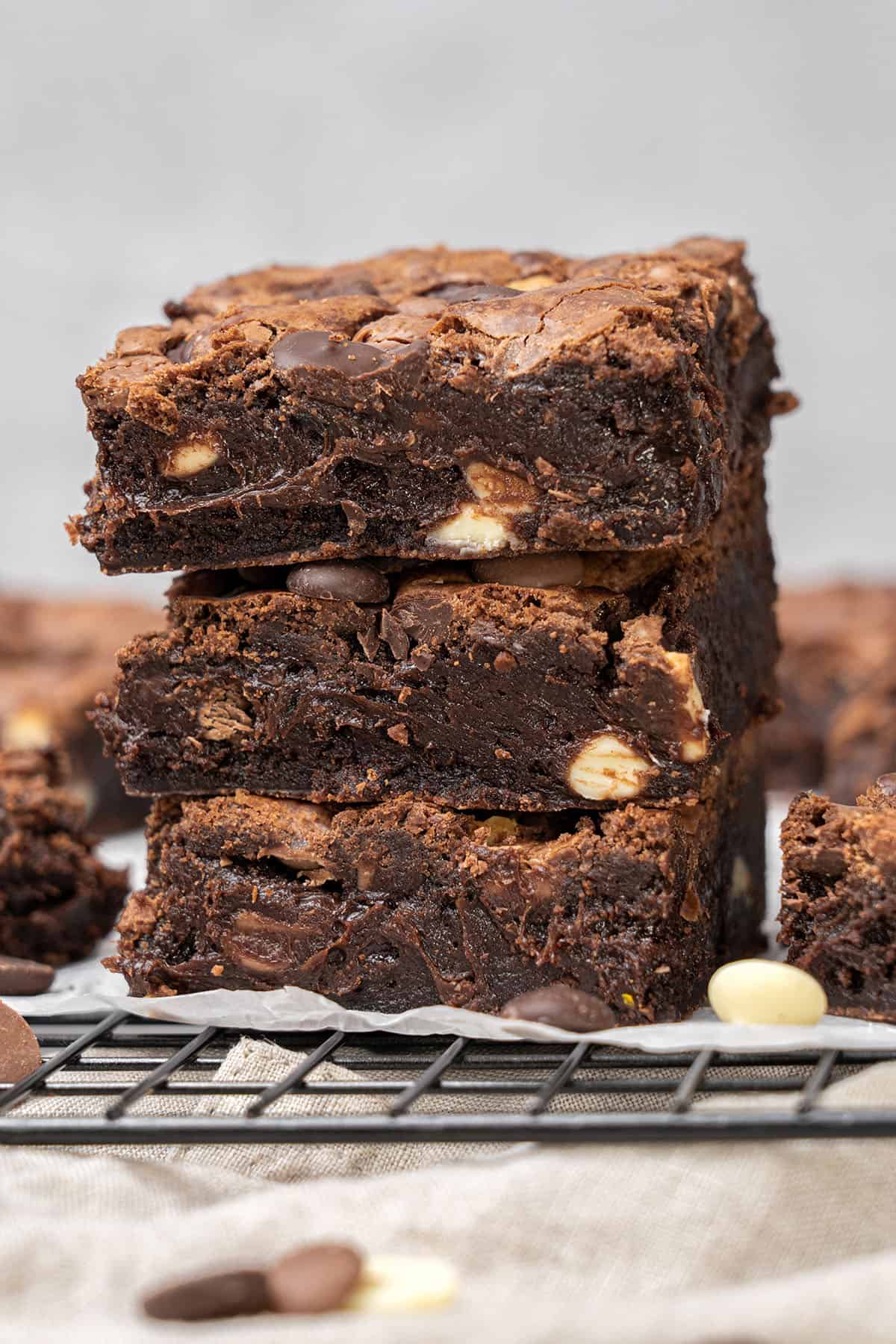 3 Triple chocolate brownies on top of each.