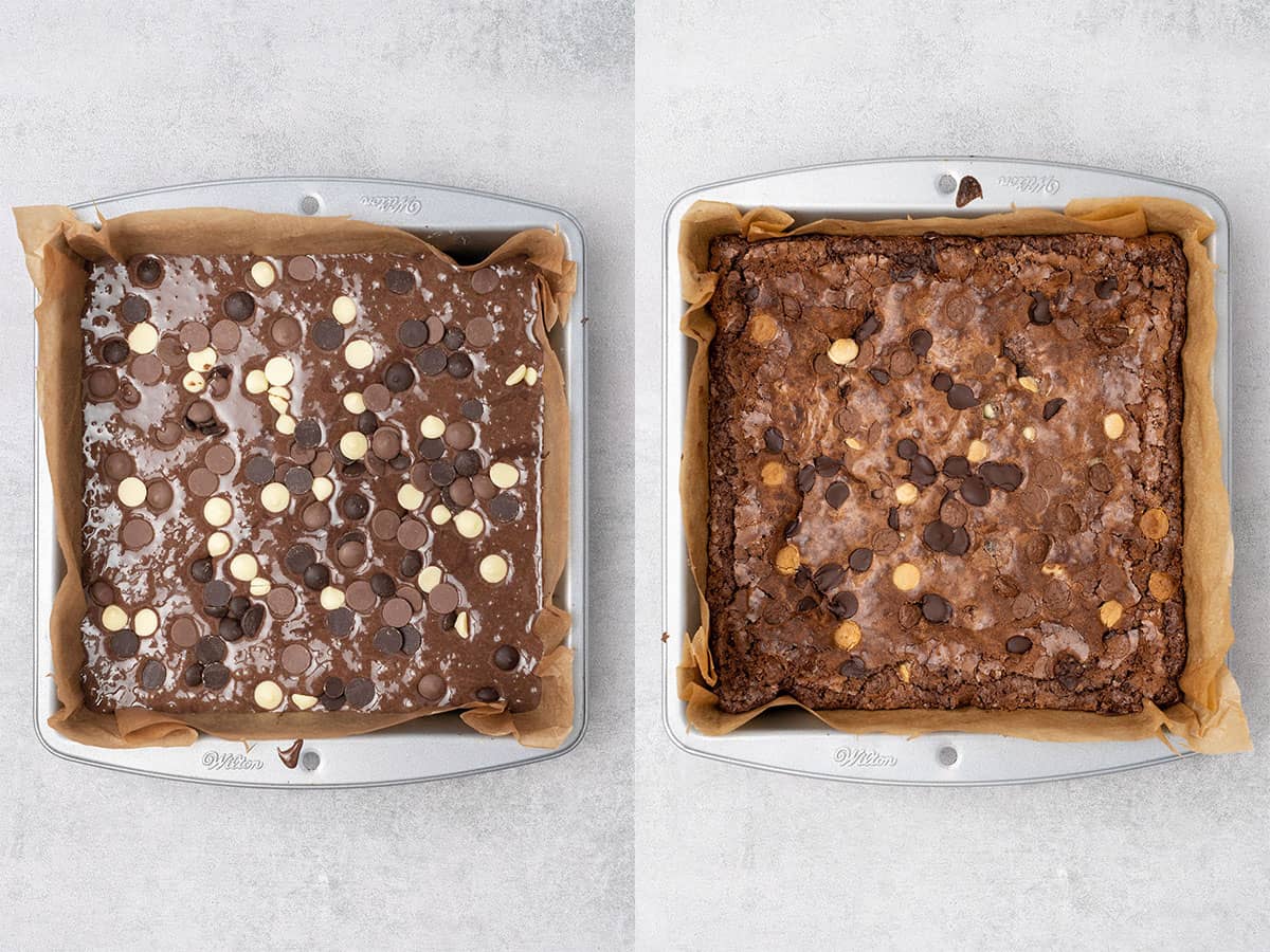 Triple chocolate brownies-before and after baking.