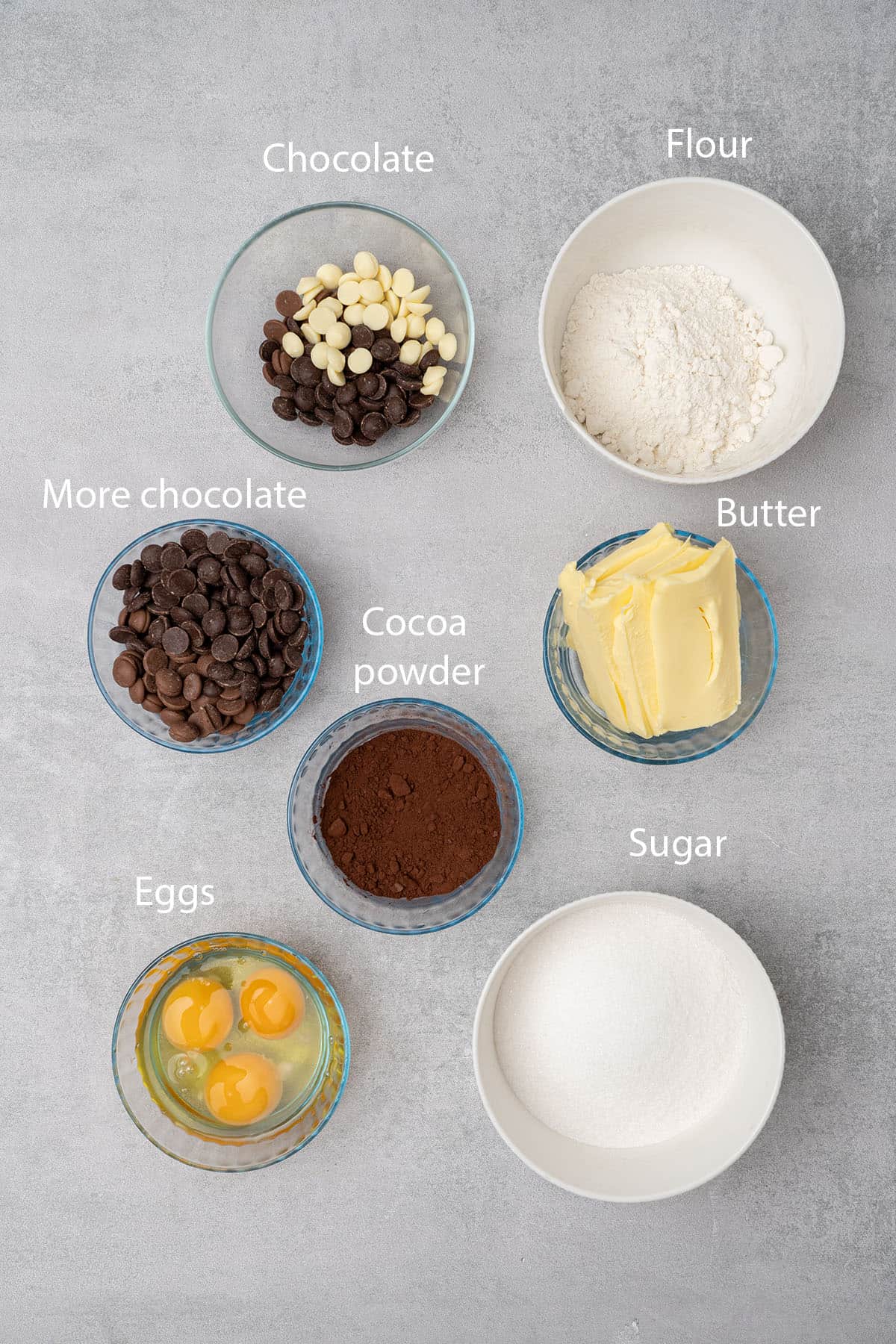 Triple chocolate brownies ingredients.