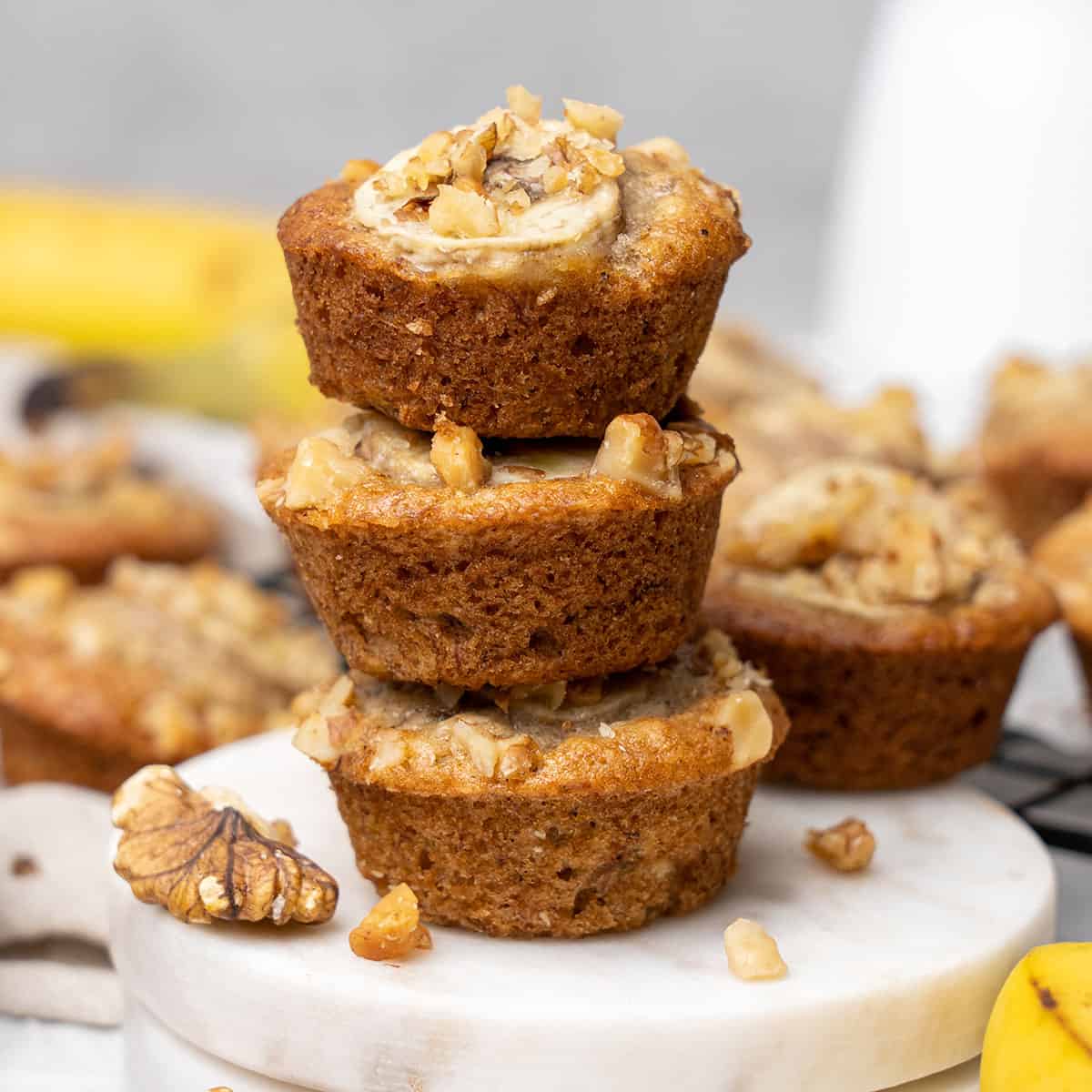 3 mini banana muffins on top of each.