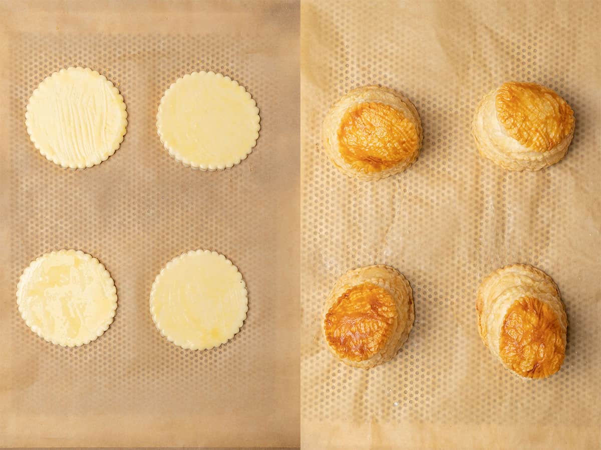 Puff pastry before and after baking.
