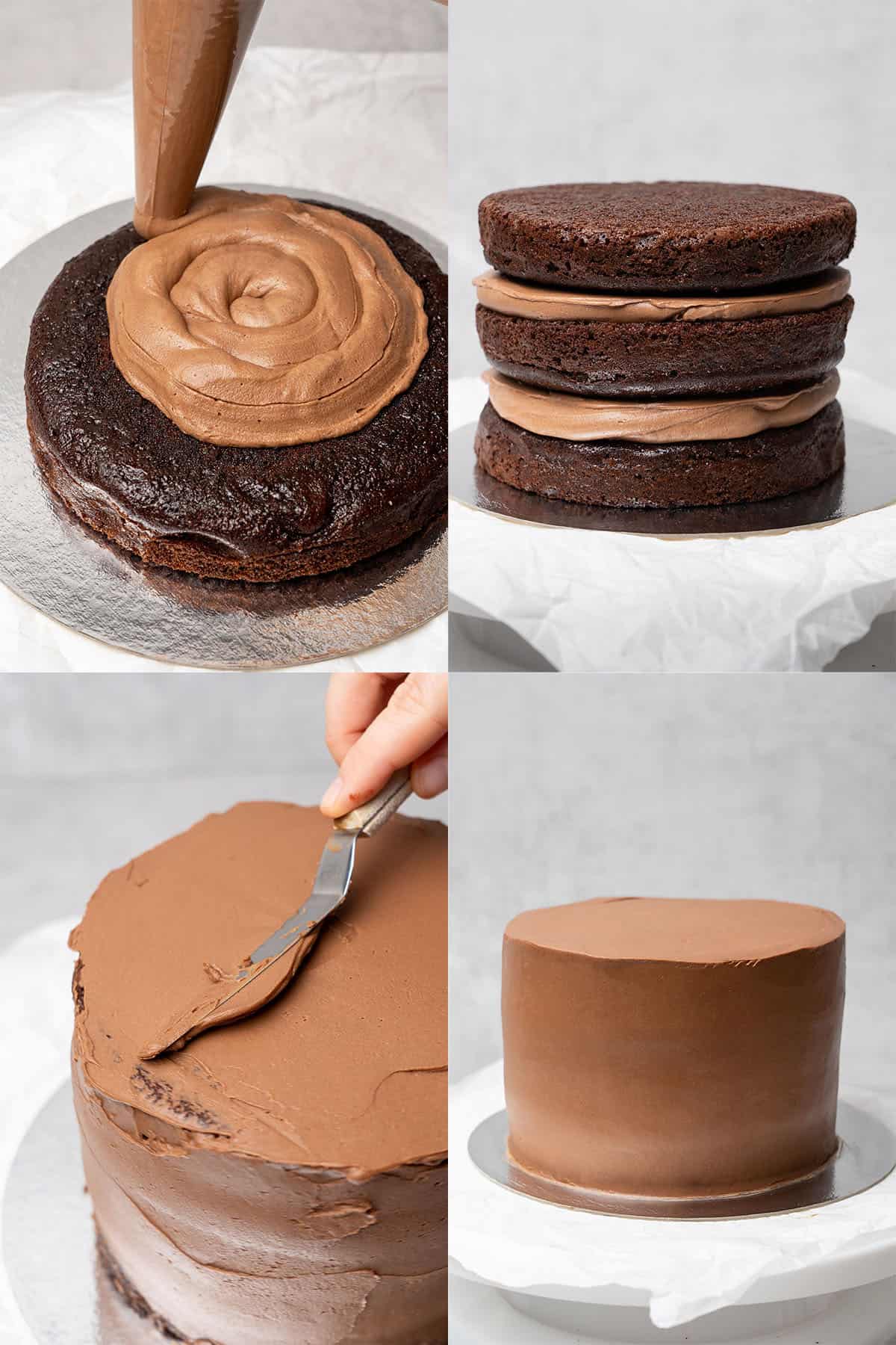 Triple chocolate cake assembly.