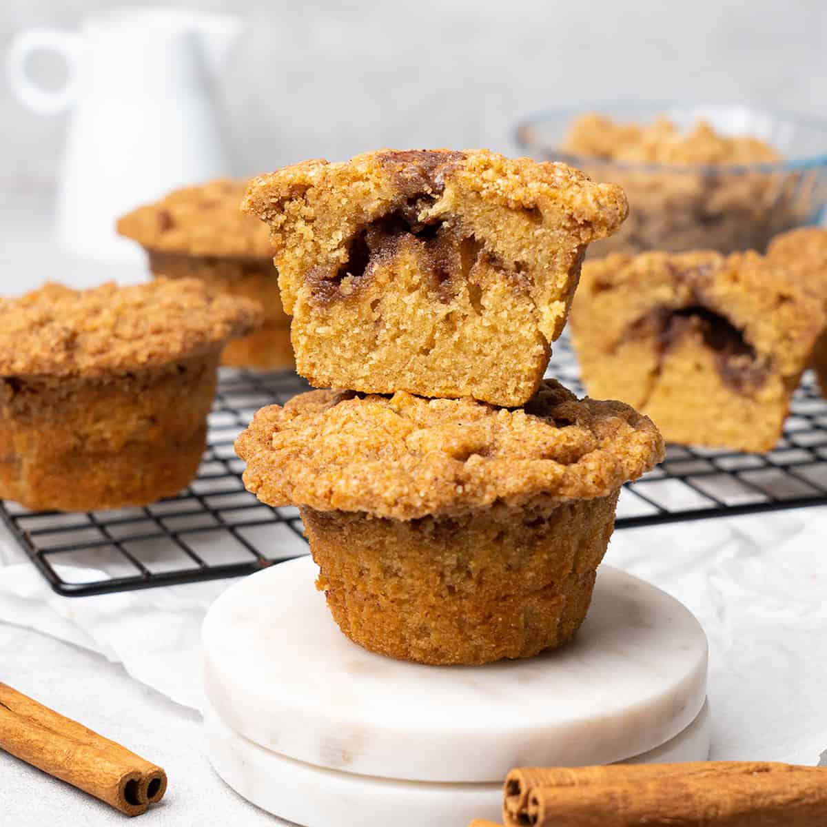 2 cinnamon streusel muffins on top of each.