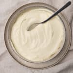 homemade mascarpone in a a bowl.