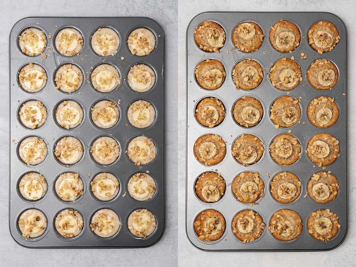 mini banana muffins before and after baking.