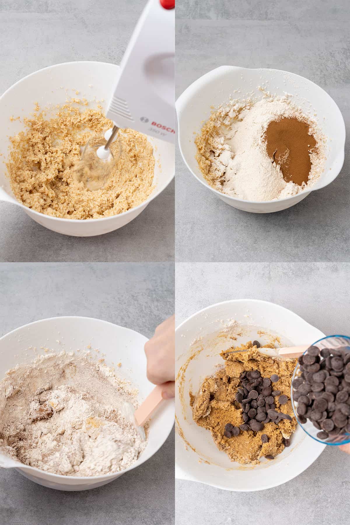 Mixing together the cookie ingredients in a bowl.