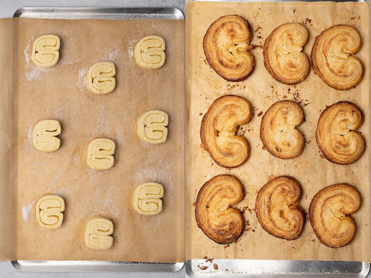 Palmiers before and after baking.