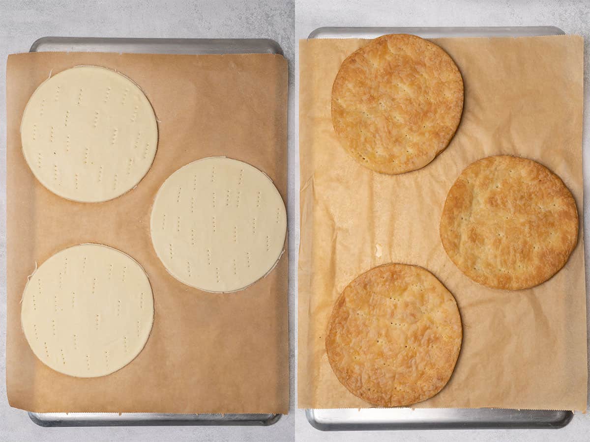 Puff pastry layers before and after baking.