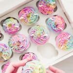 rainbow cupcakes in a box.