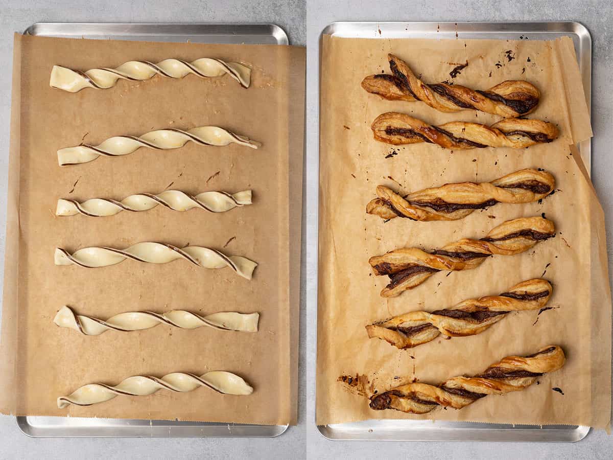 Nutella puff pastry twists before and after baking.