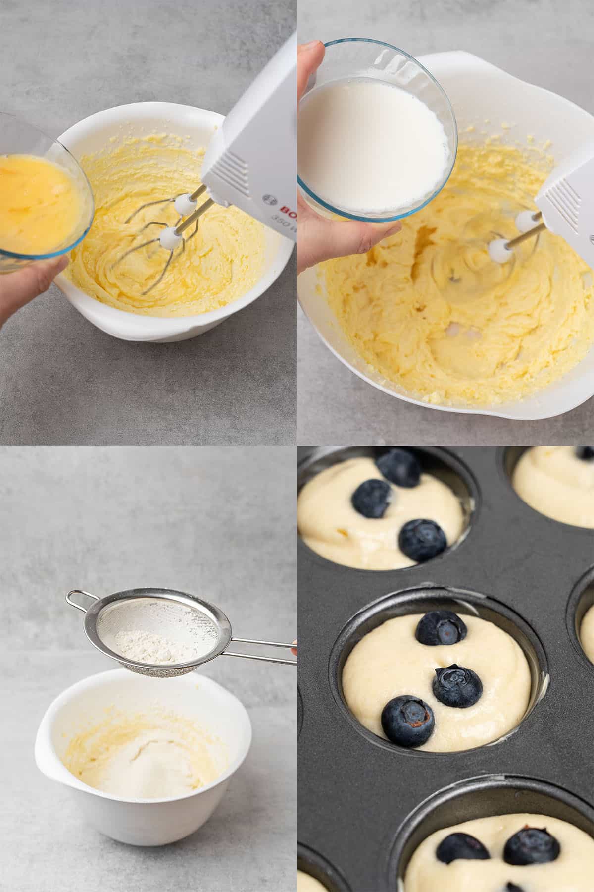 Mini blueberry muffin step-by-step assembly.
