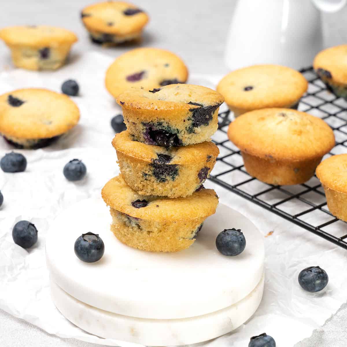 3 Mini blueberry muffins on top of each.