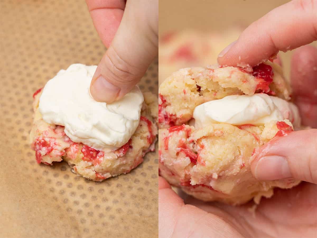 putting the cream cheese disk into the cookie.
