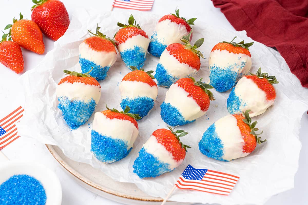 4th of July Strawberries on a plate.