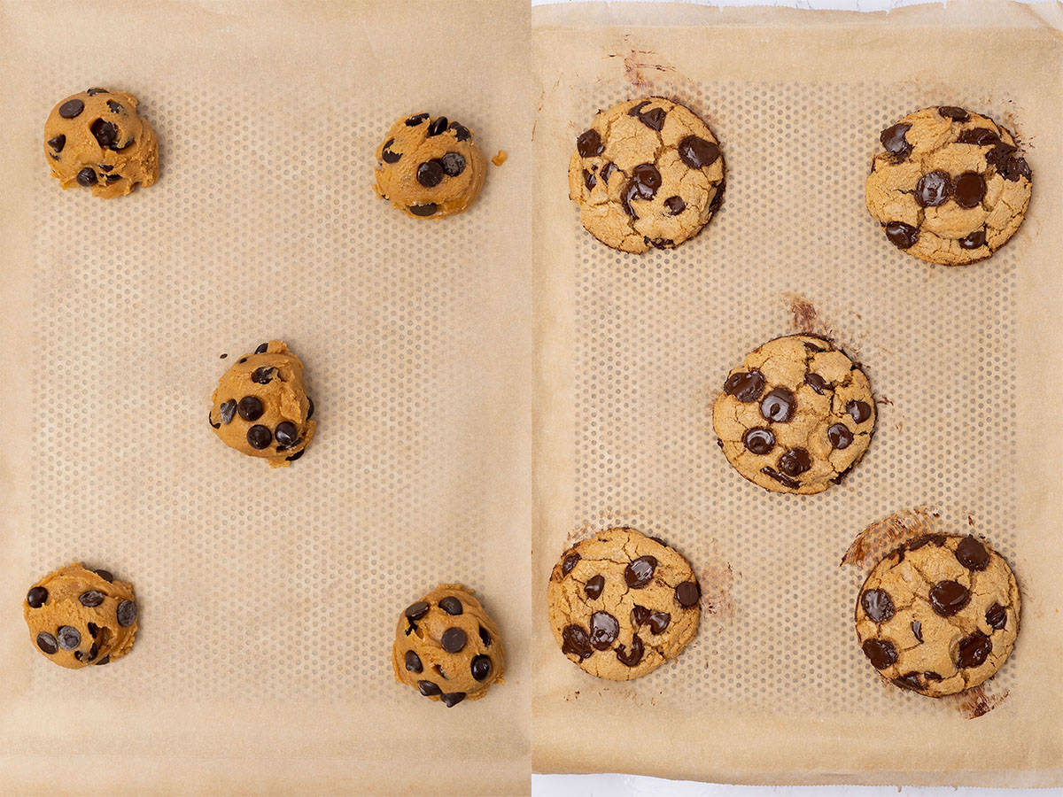 Chocolate Chip Cookies before and after baking.