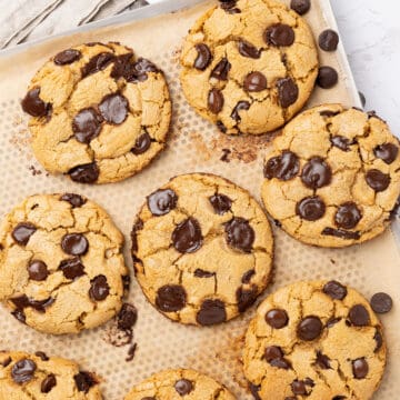 Chocolate Chip Cookies without butter on a baking tray.