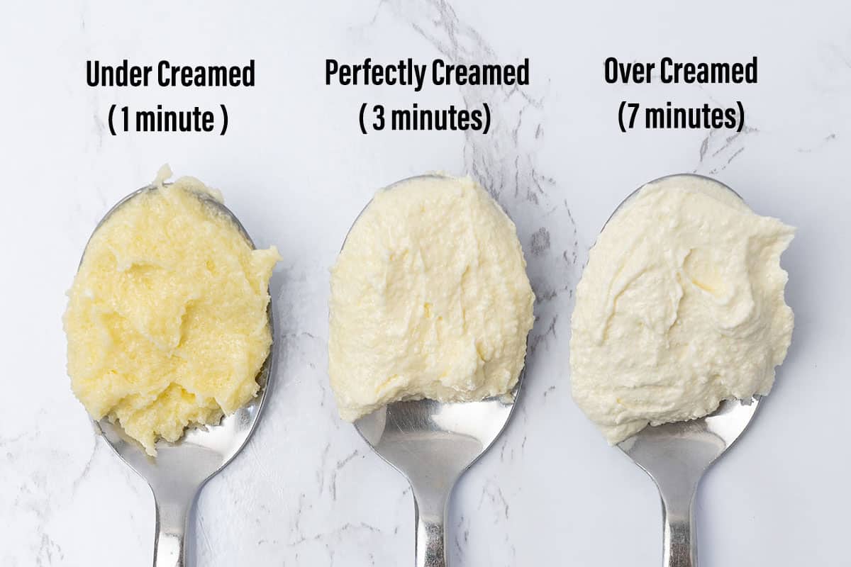 3 spoons with different stages of the creaming method.