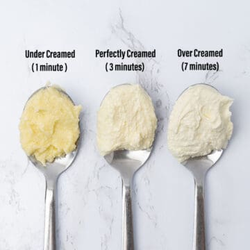 3 spoons with different stages of the creaming method.
