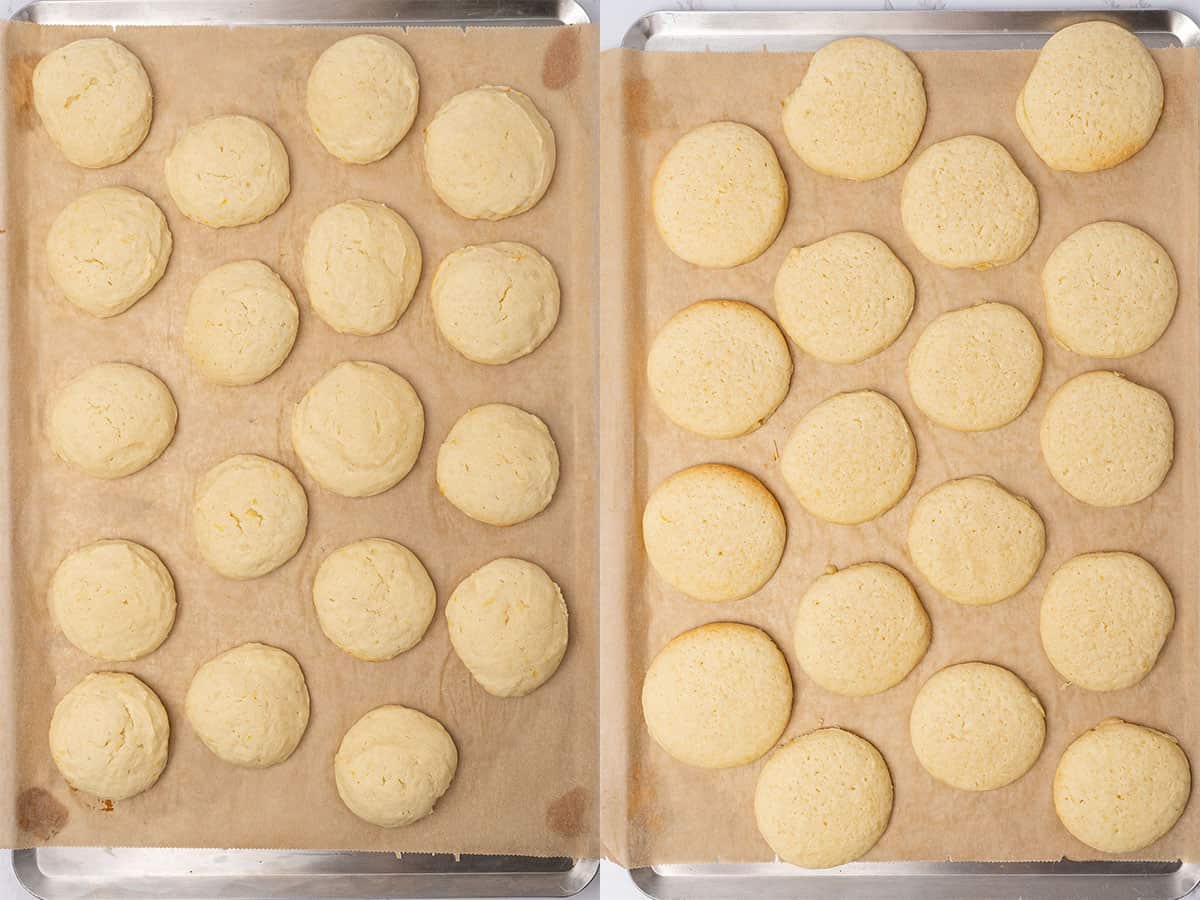 Greek Yogurt Cookies before and after baking on a tray.