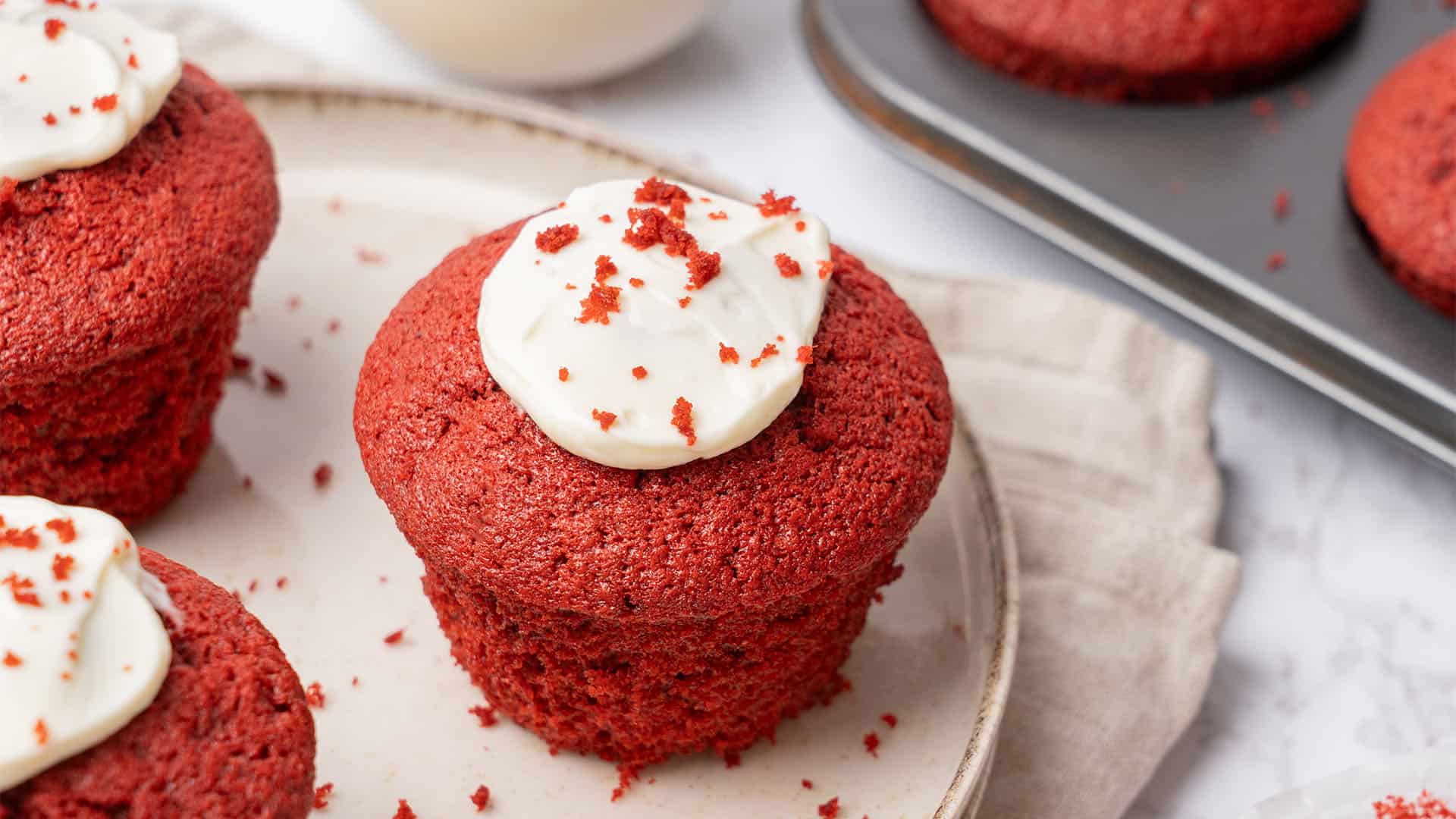 Red Velvet Muffins on a plate.