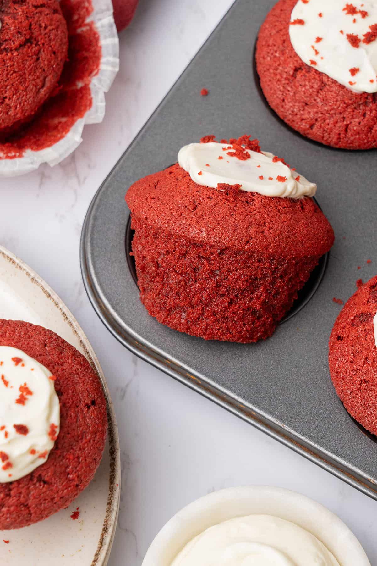 Red Velvet Muffins in a baking tin.