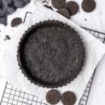 Oreo pie Crust on a cooling rack.