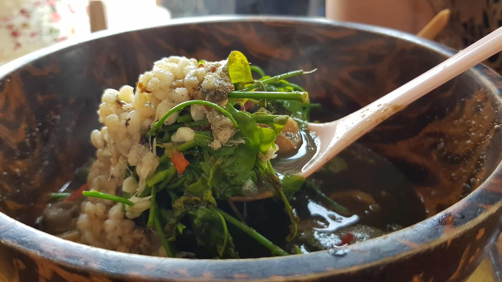White ant soup in a wooden bowl with spoon