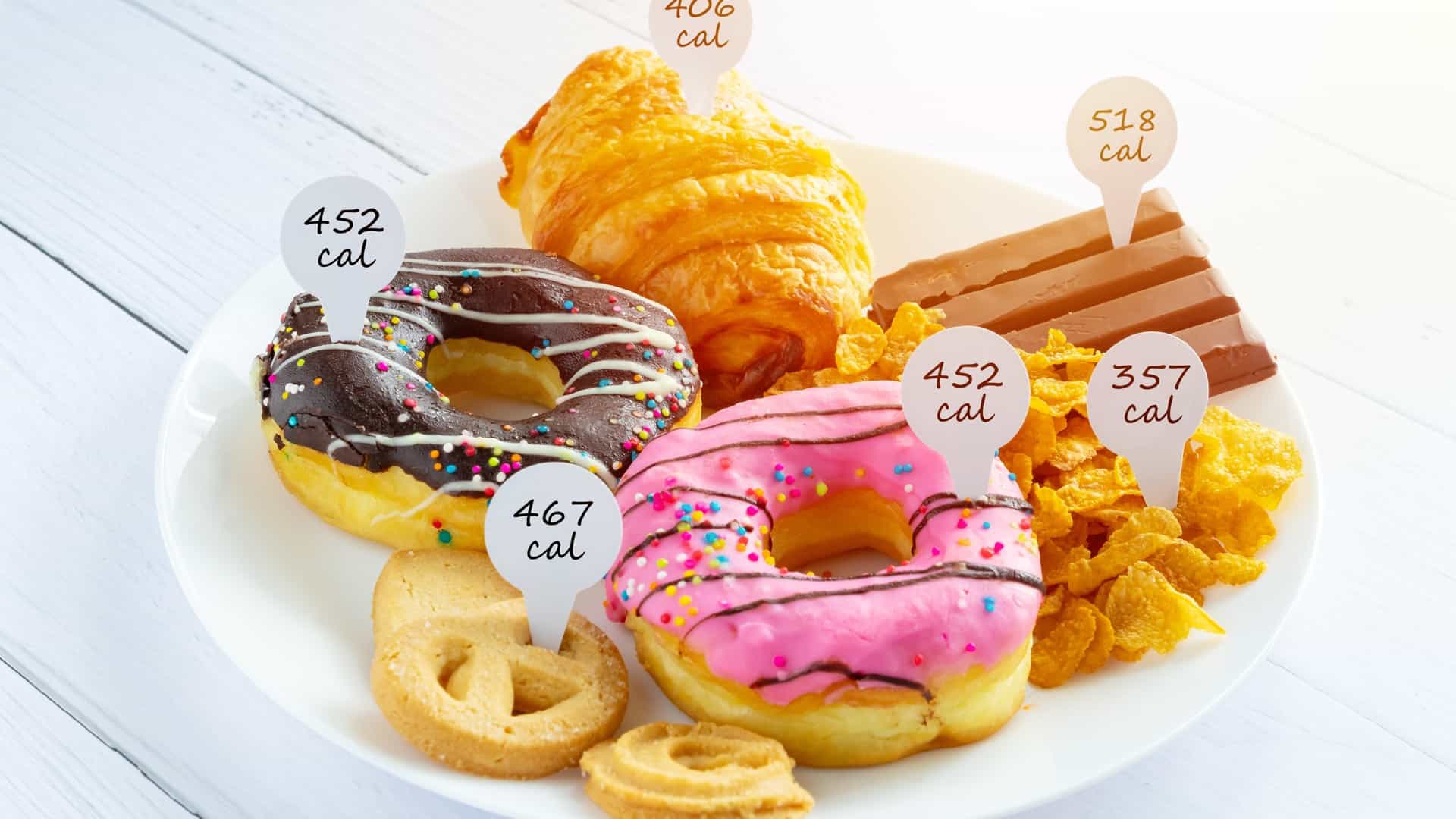 Calories in snack foods on a white plate